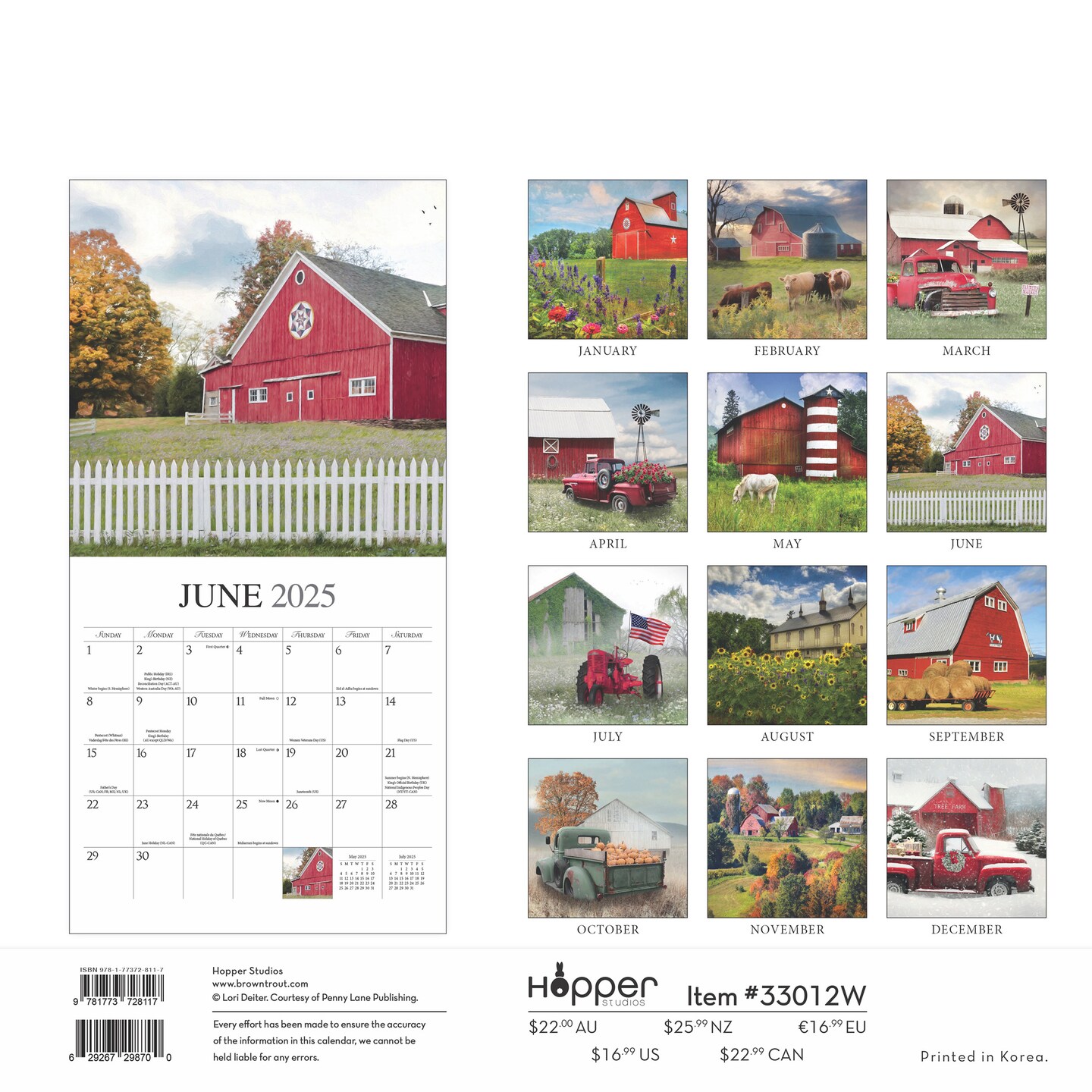 Beckoning Barns | 2025 12 x 24 Inch Monthly Square Wall Calendar | Featuring the Artwork of Lori Deiter | Plastic-Free | Hopper Studios | Rural Country Art