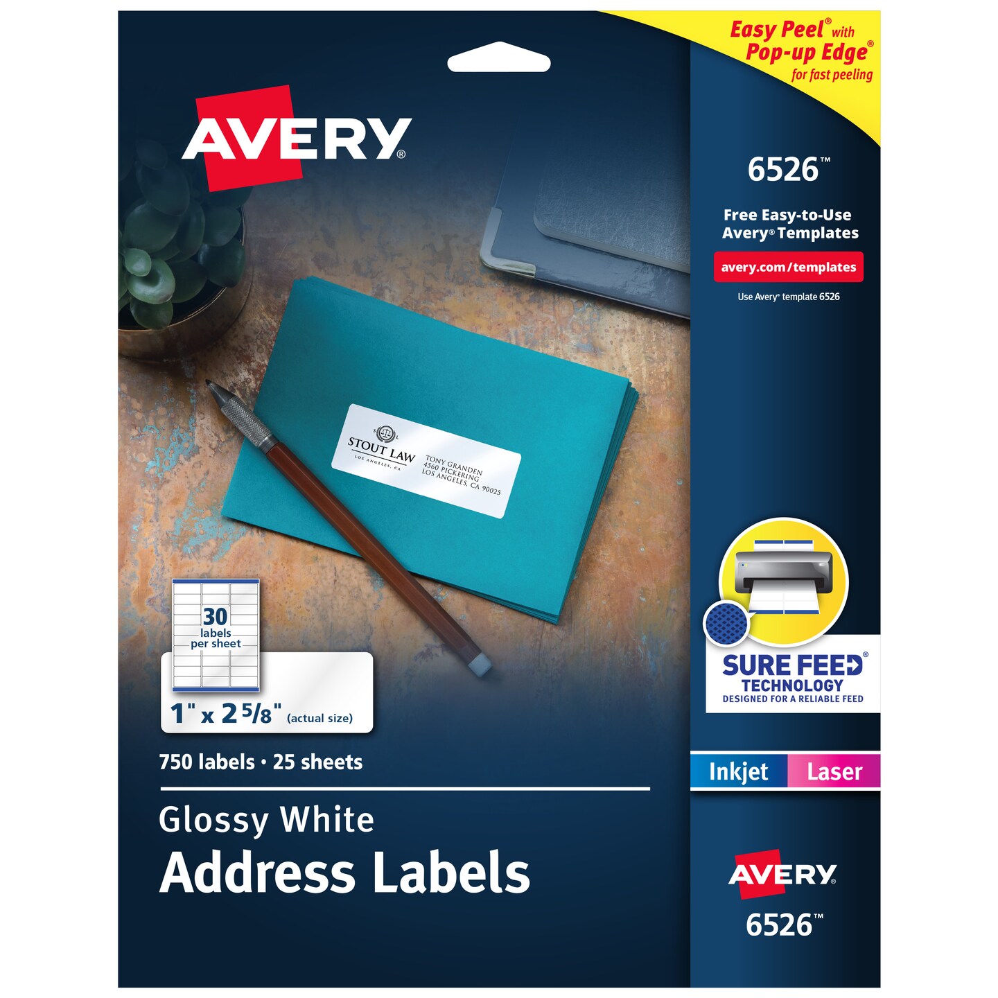 Avery Address Labels with Sure Feed and Easy Peel Technology, Glossy White Labels, 1" x 2-5/8", Permanent, Laser/Inkjet, 750 Glossy Labels (6526)