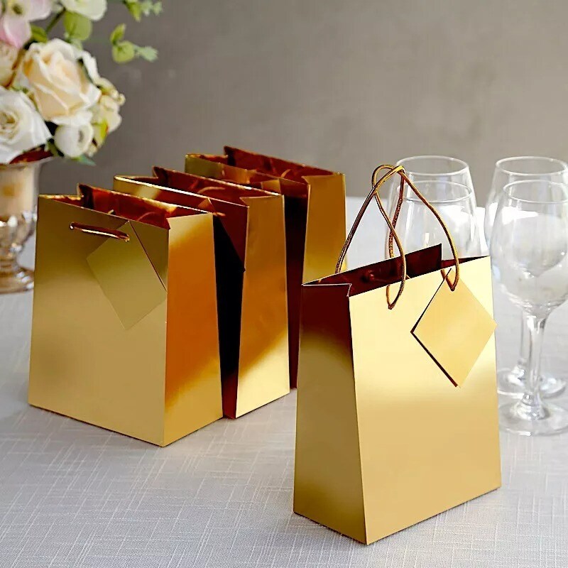 12 Metallic Gold 7&#x22; Paper Favor Gift Bags Handles Party Events Home Decorations