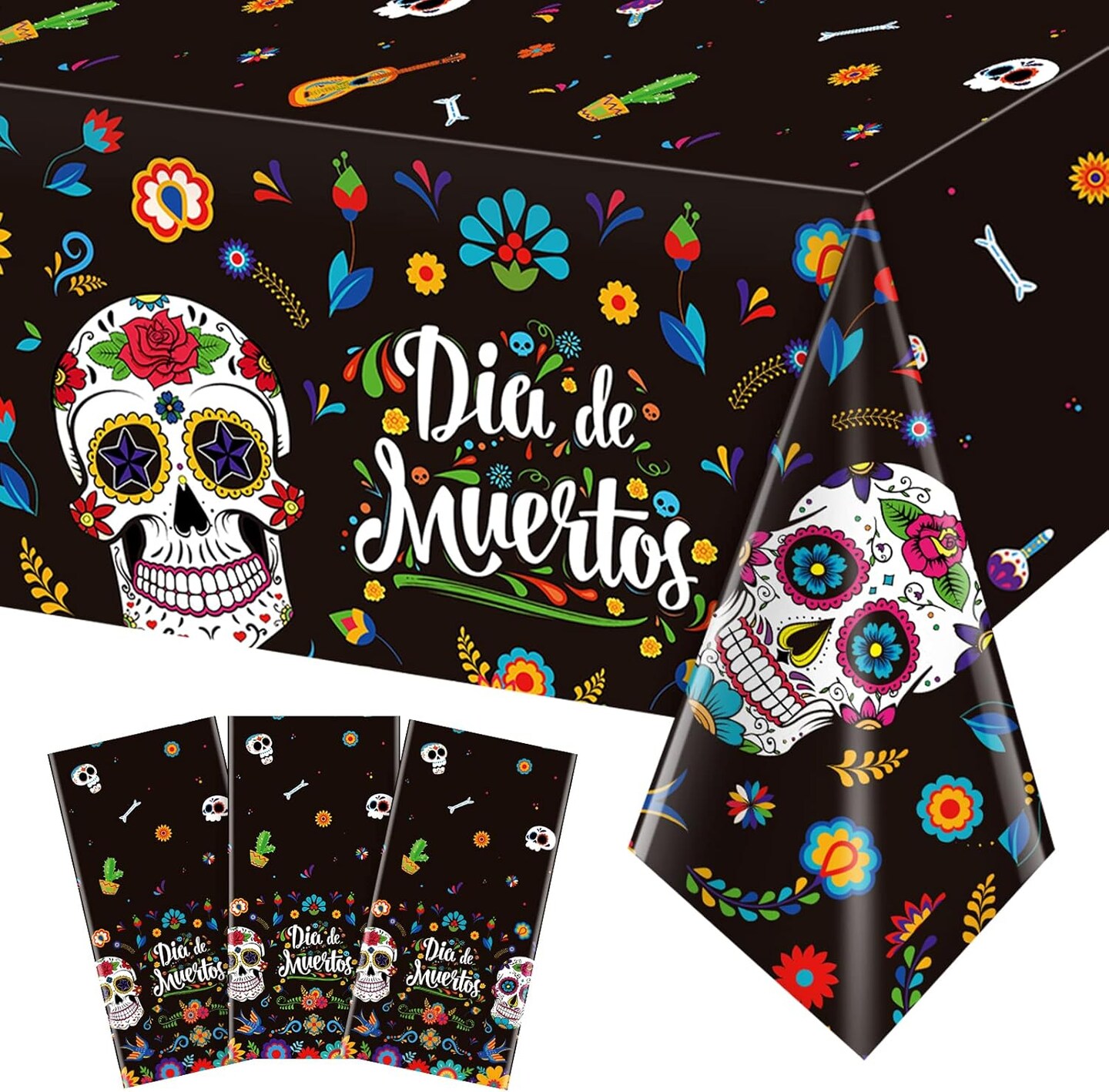 Decorations, Dia De Los Muertos Decor, Plastic Mexican Sugar Skull Floral Table Cover Backdrop for Halloween Mexican Fiesta Birthday Party Supplies, 54x108 Inch