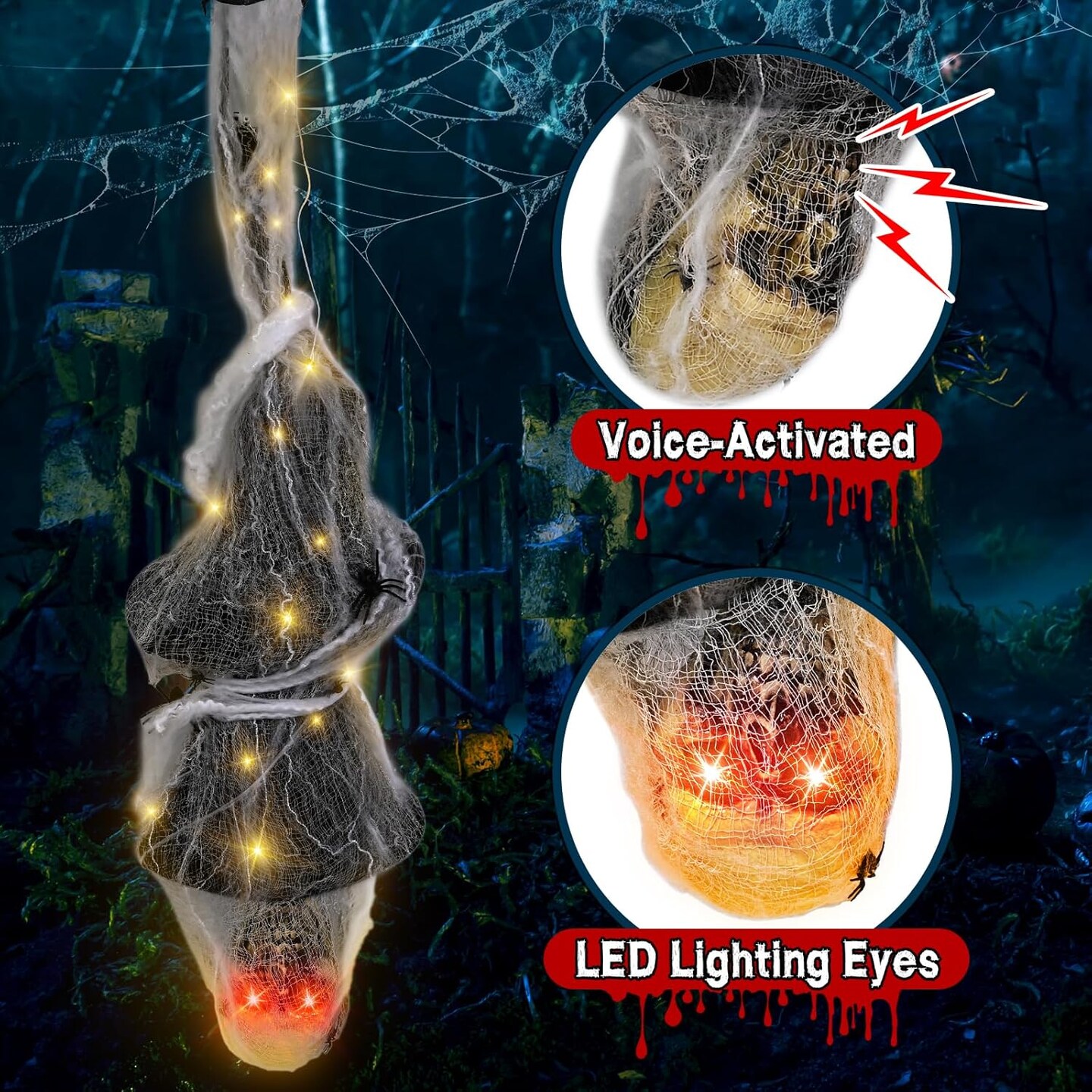 Halloween Decoration Cocoon Corpse, Animated Scary Hanging Dead Body Prop with Light Full Body LED Eye & Spooky Sound, Halloween Outdoor Yard, Lawn Decoration, Haunted House Decor