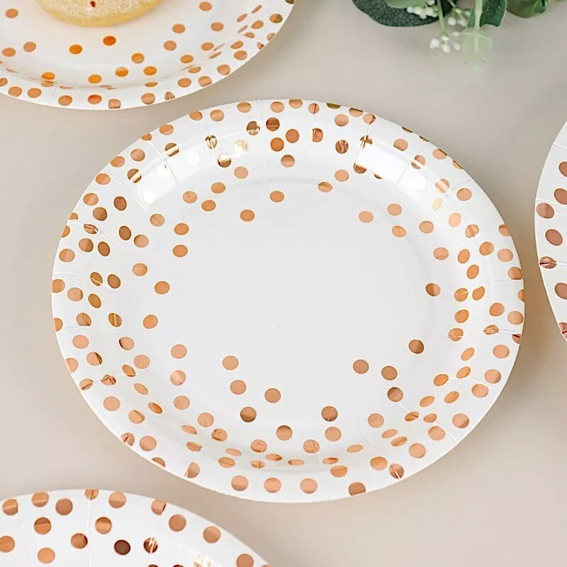 25 White 9&#x22; Round Paper Plates Rose Gold Polka Dots Party Events Home Tableware