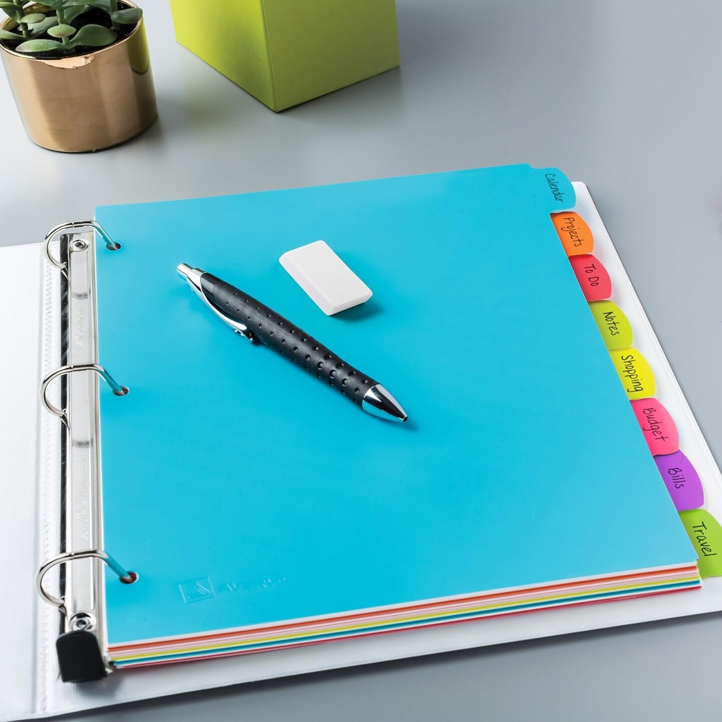 Binder Tabs - 3 Ring Binder Dividers with Tabs - Write &#x26; Erase Durable - Plastic Dividers - 8-Tab Set - 8 Assorted Colors - Big Tab Dividers for 3 Ring Binder
