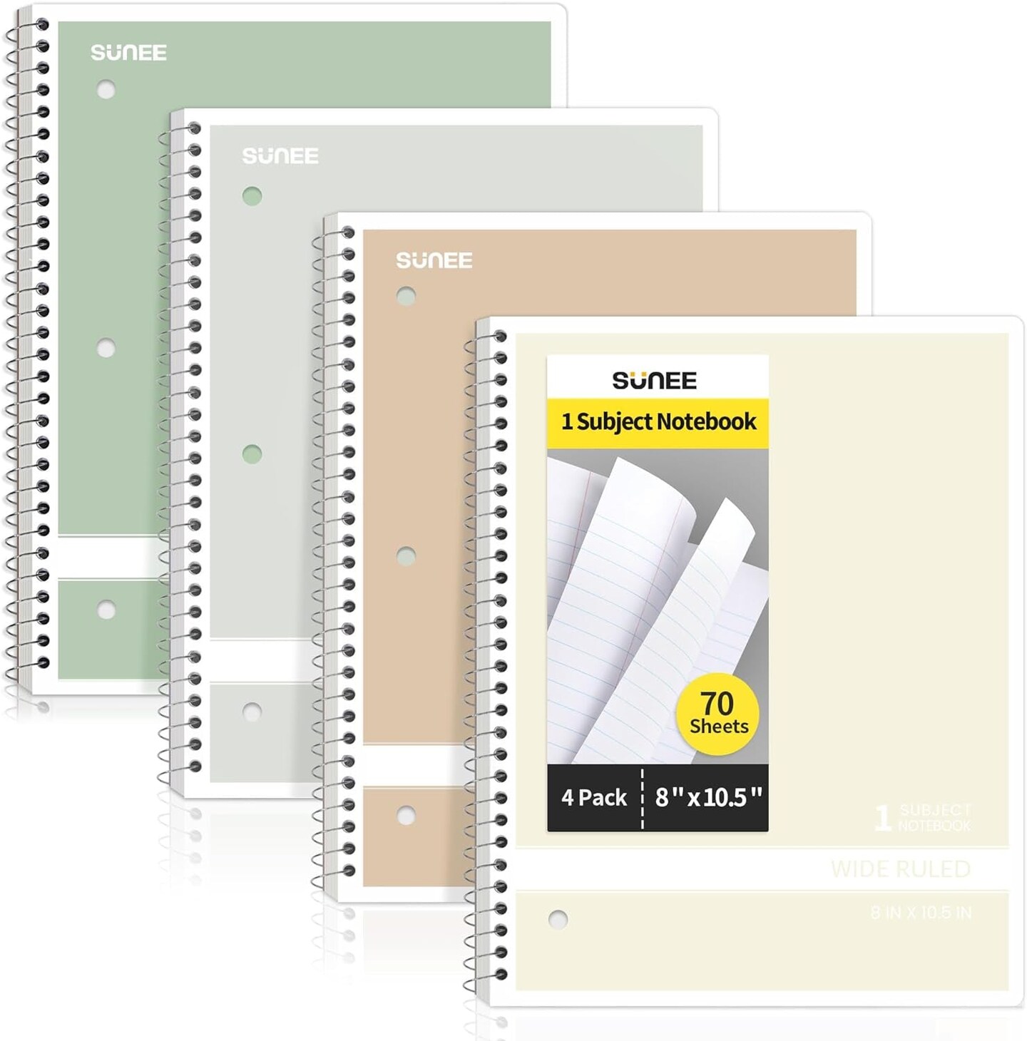 Spiral Notebooks Wide Ruled, 1-Subject, 4 Pack, 8 X 10-1/2 Inch, 70 Sheets per Notebook,3-Hole Punched Paper,Green,Grey,Beige,Red Spiral Lined Notebooks for Work, Home&#x26;School,Writing Journal