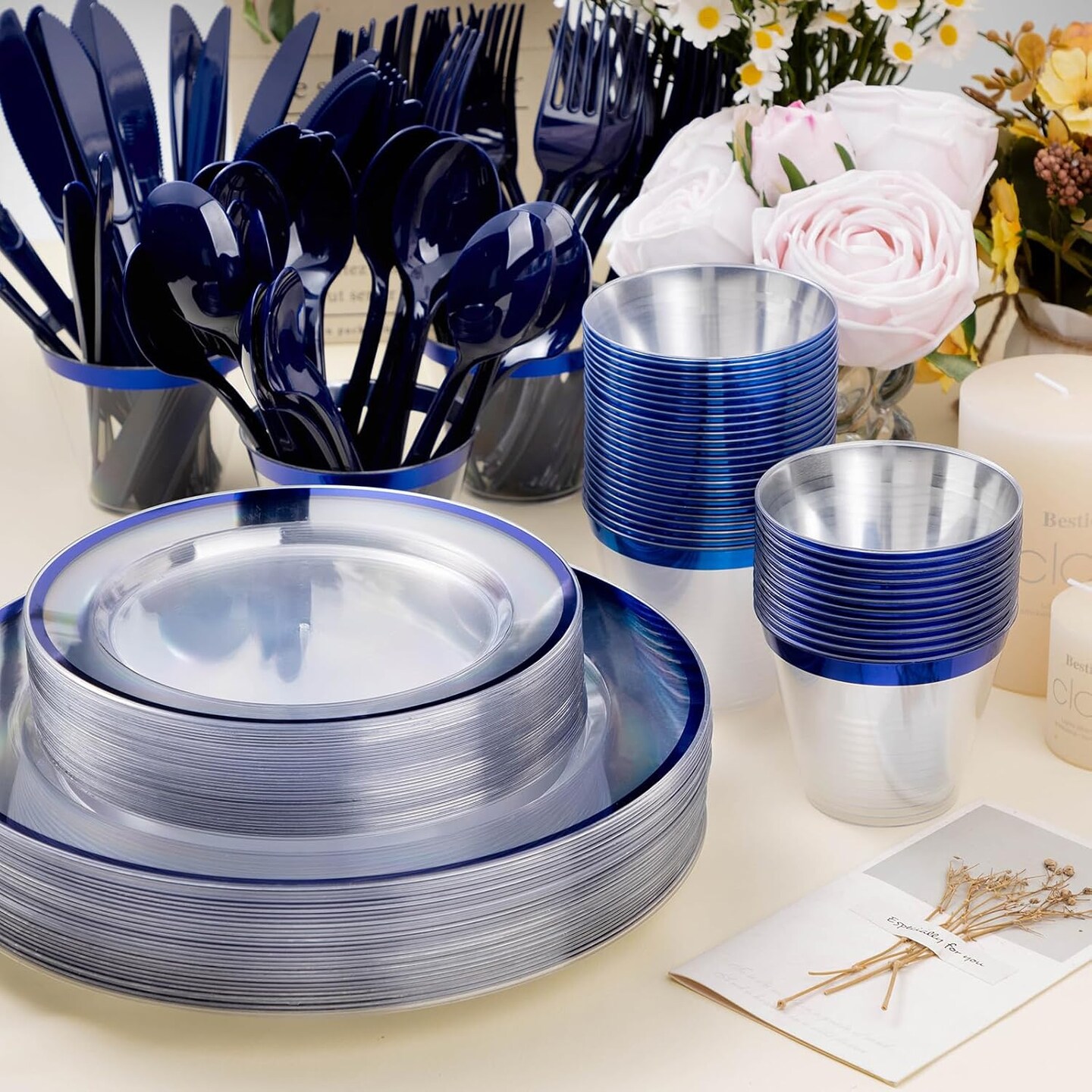 175PCS Blue and Clear Plastic Dinnerware Sets for 25 Guests, Include 50 Blue Disposable Party Plates, 50 Forks, 25 Knives, 25 Spoons, 25 Cups