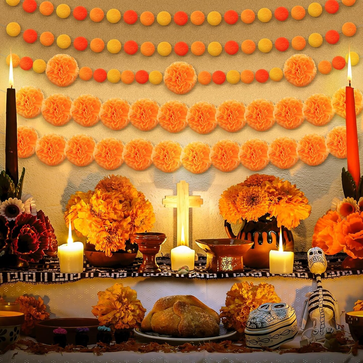 5 Pcs Day of The Dead Felt Ball Garland Marigold Flower Pompom Ball Banner Halloween Felt Ball Garland Dia De Los Muertos Garlands