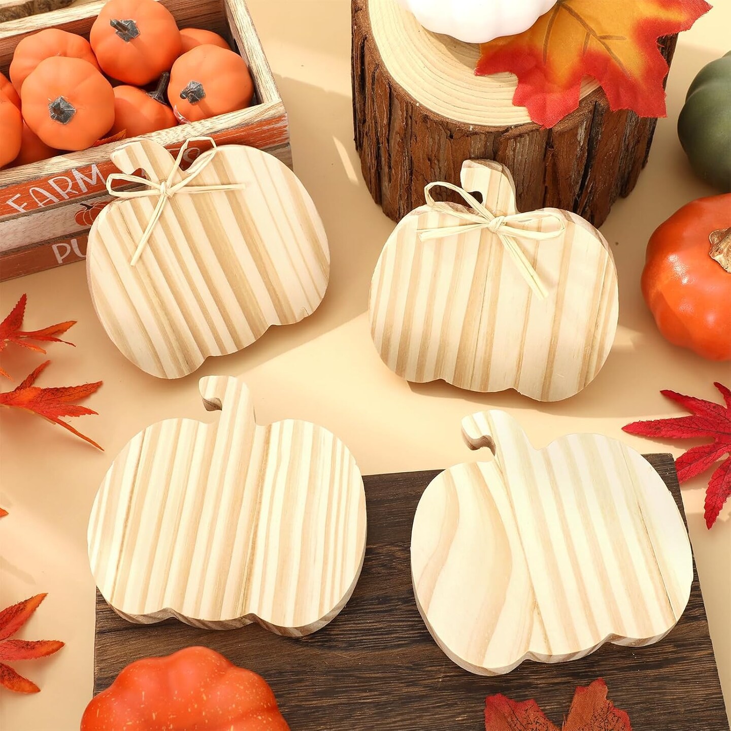 6Pcs Fall Pumpkin Wooden Sign Cutouts with Raffia