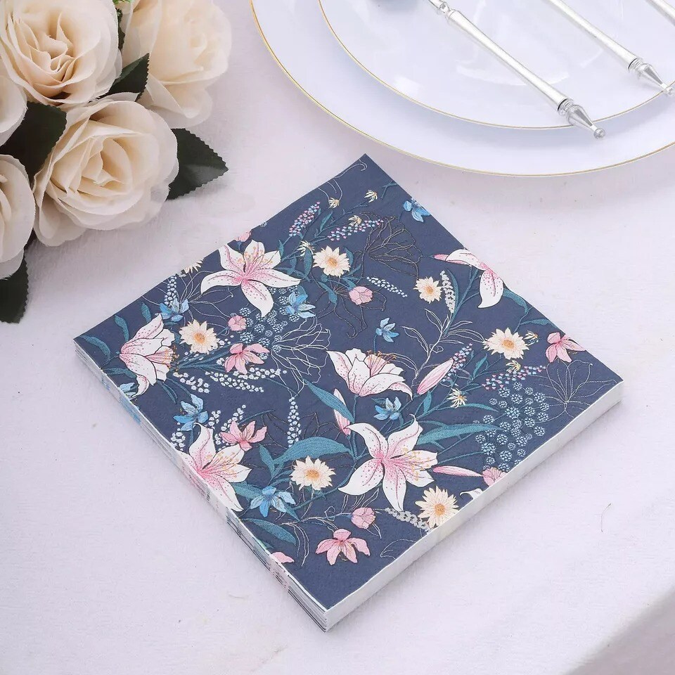 Navy Blue 20 Disposable 13&#x22; x 13&#x22; Water Lily Cocktail Paper Napkins Party Events