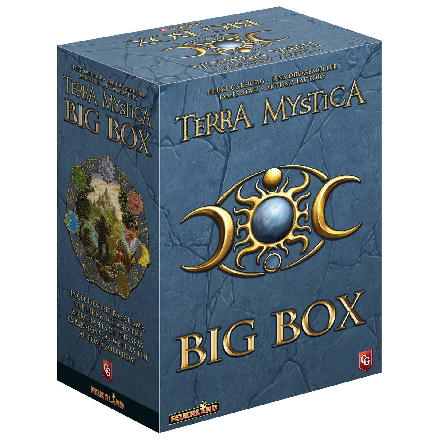 Terra Mystica: Big Box - Contains: Terra Mystica: Base Game, Fire &#x26; Ice Expansion, Merchants of the Seas Expansion, and Solo mode by Automa Factory. Ages 14+, 1-5 Players, 30 Min Per Player