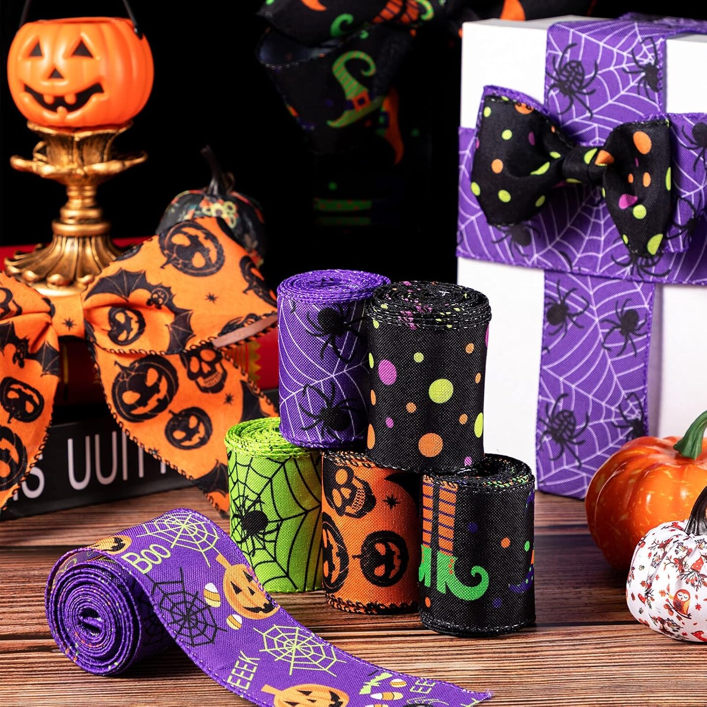 Ribbons Bat Spider Web Printed Ribbon Witch Legs Hat Skull Pumpkin Ribbons Halloween Decorative Wrapping Ribbon for Halloween Home Wreath DIY Craft Floral Bow