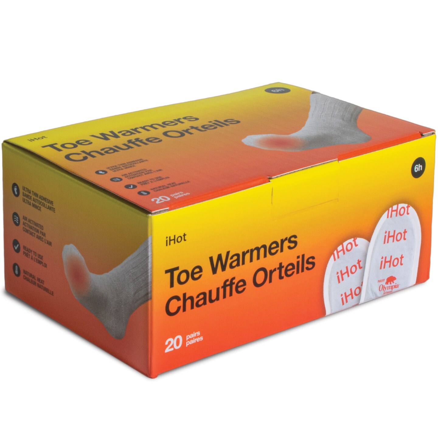 iHot: Toe Warmers: 20 Pack - Air Activated, Up to 11 Hours of Heat, Disposable &#x26; Safe (each pack contains 1 pair)
