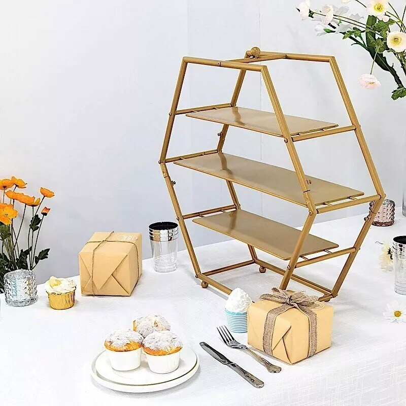21" Gold 3 Tier Hexagon Metal Cupcake Holders Display Stand Party Event Supplies