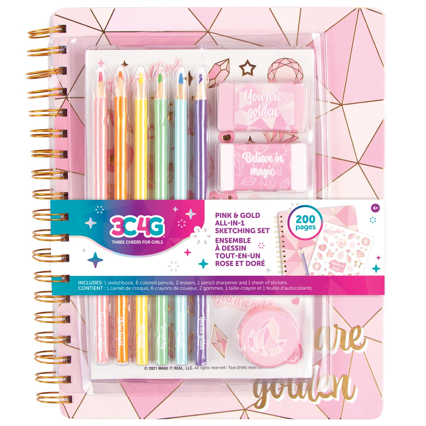 3C4G: Pink &#x26; Gold All-In-1 Sketching Set - Make It Real, Tweens &#x26; Girls, Journal &#x26; Art 200 Page Book, Take Notes In Class, Sketch &#x26; Doodle, Includes 6 Colored Pencils, 2 Erasers, Sharpener &#x26; Stickers