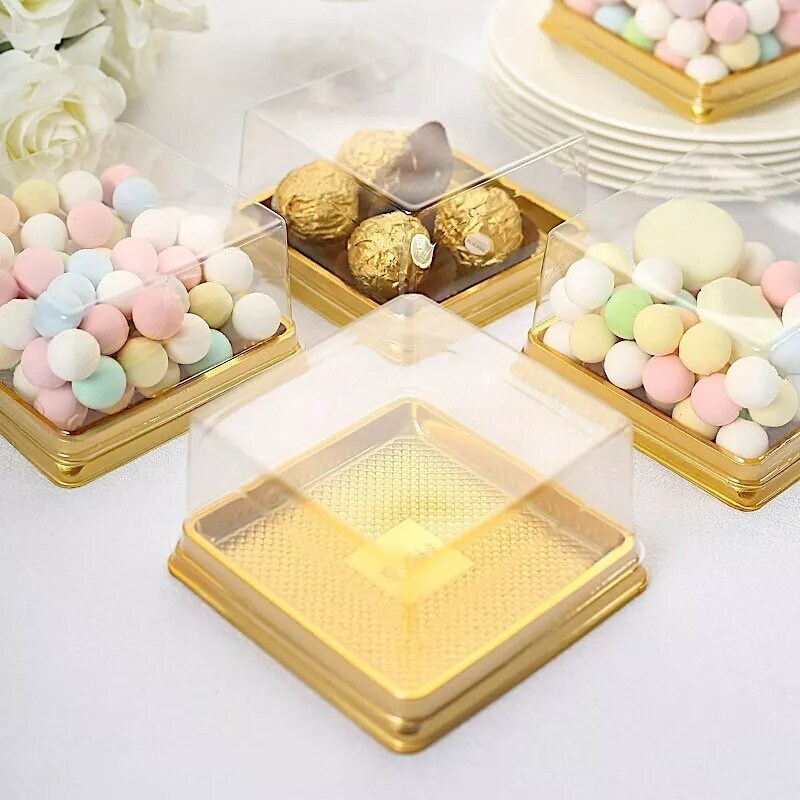 Clear Gold 50 Square 4" Plastic Mini Dessert Favor Boxes Cupcake Holders Party