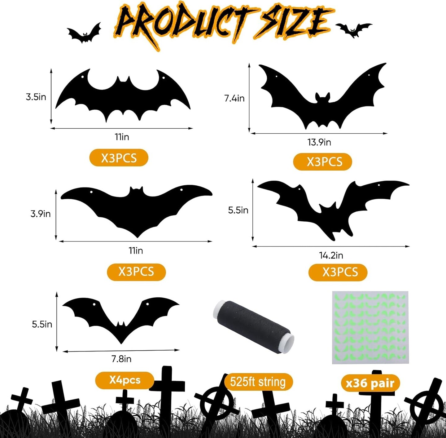 Hanging Bats Halloween Decorations Outdoor - 16 Pack Large Flying Bats 5 Different Size, Waterproof Plastic Black Bats with Glowing Eyes Hanging in Tree outside D&#xE9;cor for Porch, Lawn