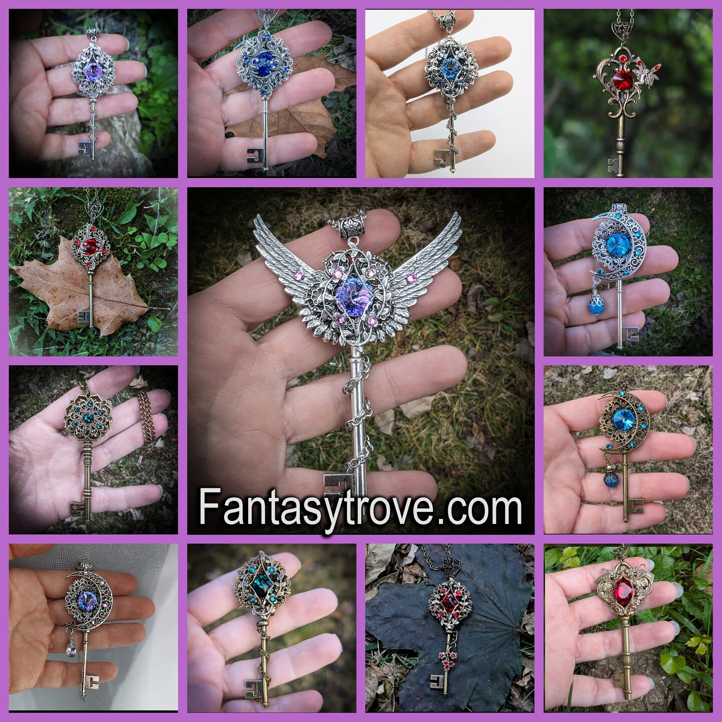 Vintage Key Necklace with Red Swarovski Crystals, Fantasy Jewelry