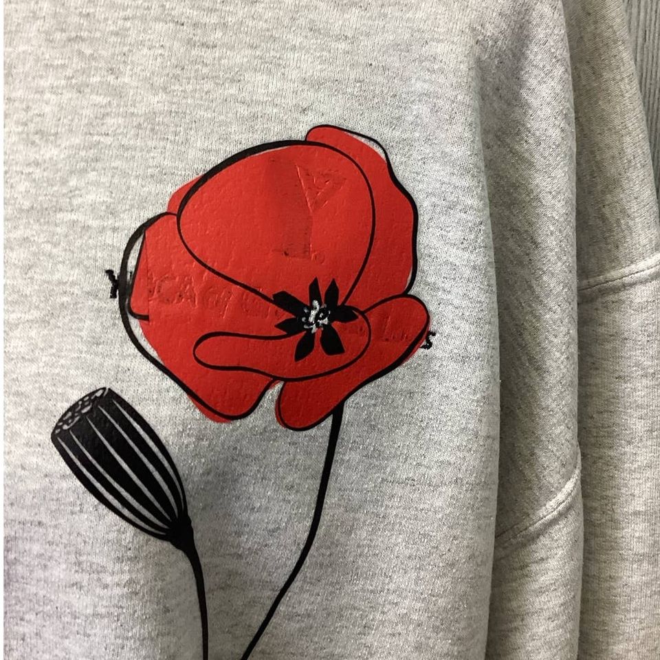 Hand Printed Womens Large Upcycled Red Poppy Flower Long