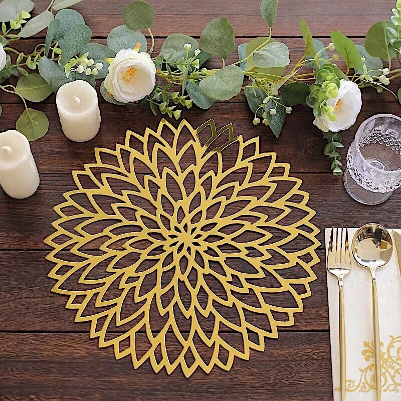 6 Metallic Gold 13&#x22; Laser Cut Hibiscus Flower Cardboard Placemats Party Events