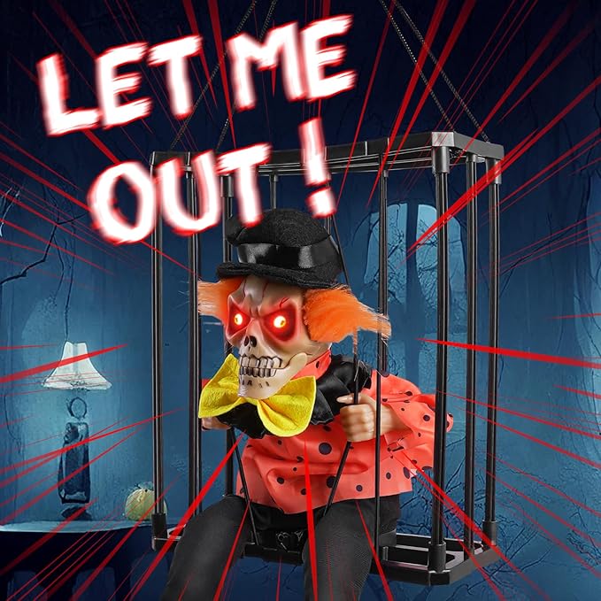 Hanging Decorations, Halloween Decors Prop with Motion Sensor Activated & Light Up Eyes Spooky Scary Cage Ghost Clown Prisoner for Indoor Outdoor Haunted House Decor