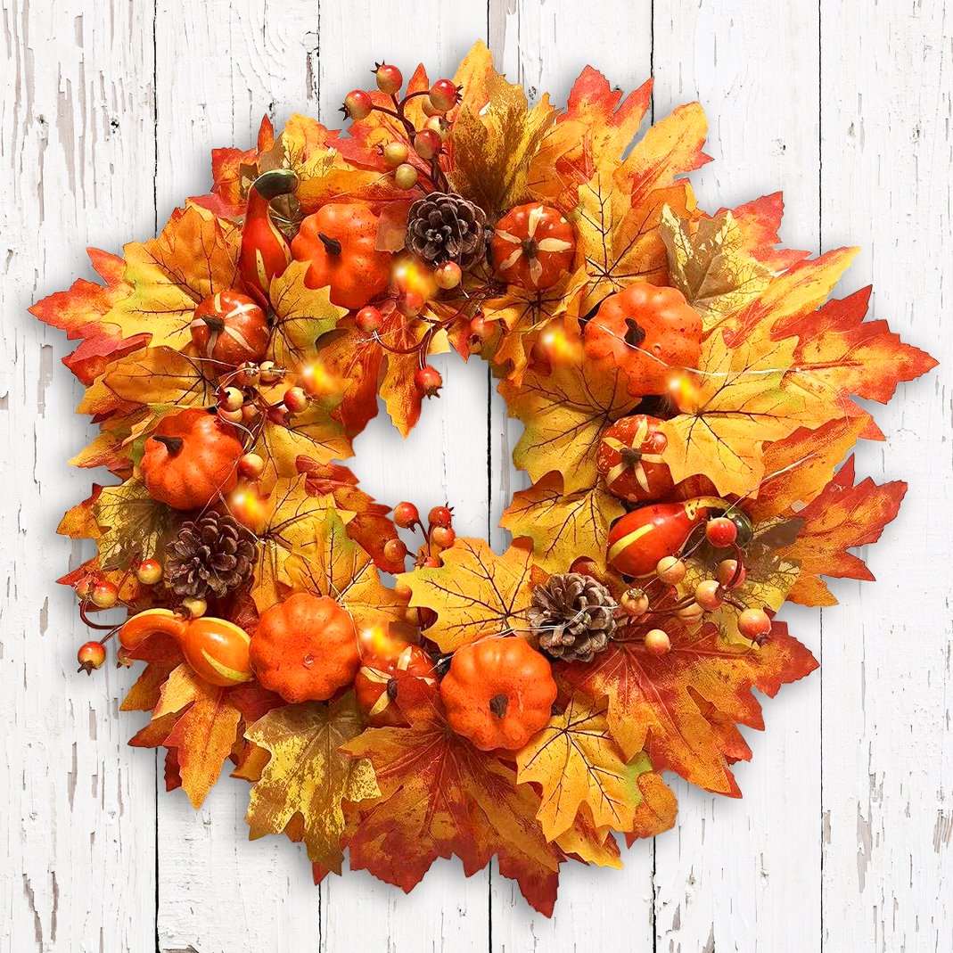 Rustic Harvest Illuminated 24&#x22; Fall Wreath, Lighted with Maple Leafs, Pinecones, Pumpkins and Autumn Berries