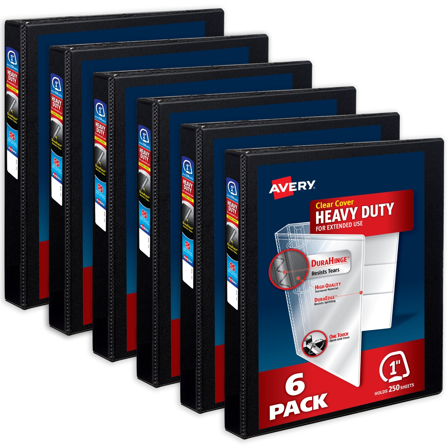 Avery Heavy-Duty View 3 Ring Binders, 1 Inch One Touch Slant Rings, 250-Sheet Capacity, DuraHinge, 1.4 Inch Wide Spine, Customizable Clear Cover and Spine, Black Binders (6-Pack of 79275)