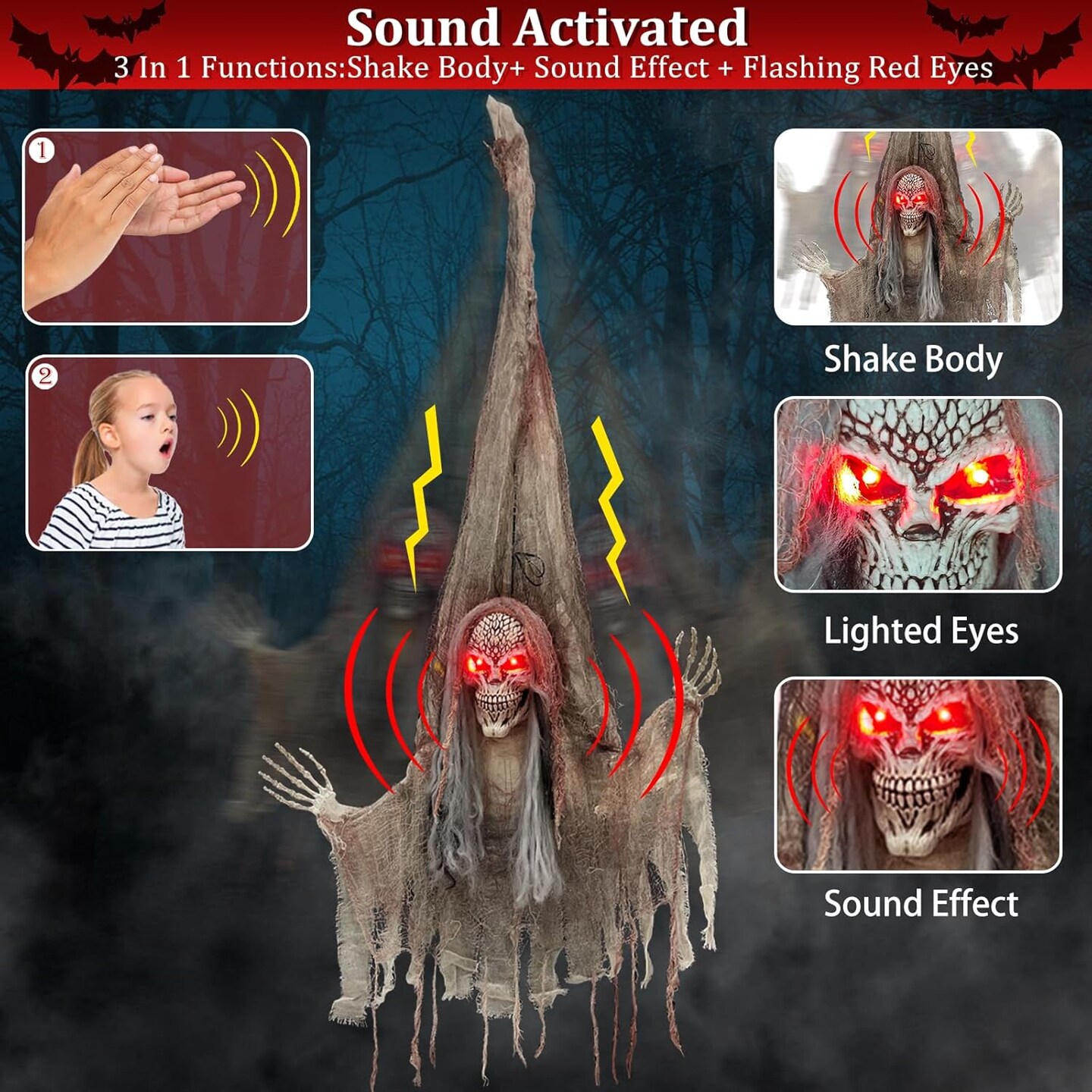 [ Talking &#x26; Sound Activated ] 4 Ft Halloween Animatronics Hanging Outdoor Skeleton Decorations with Glow Red Eyes &#x26; Shake Body, Creepy Sound Halloween Hanging Ghost Props Decor for Yard Haunted House