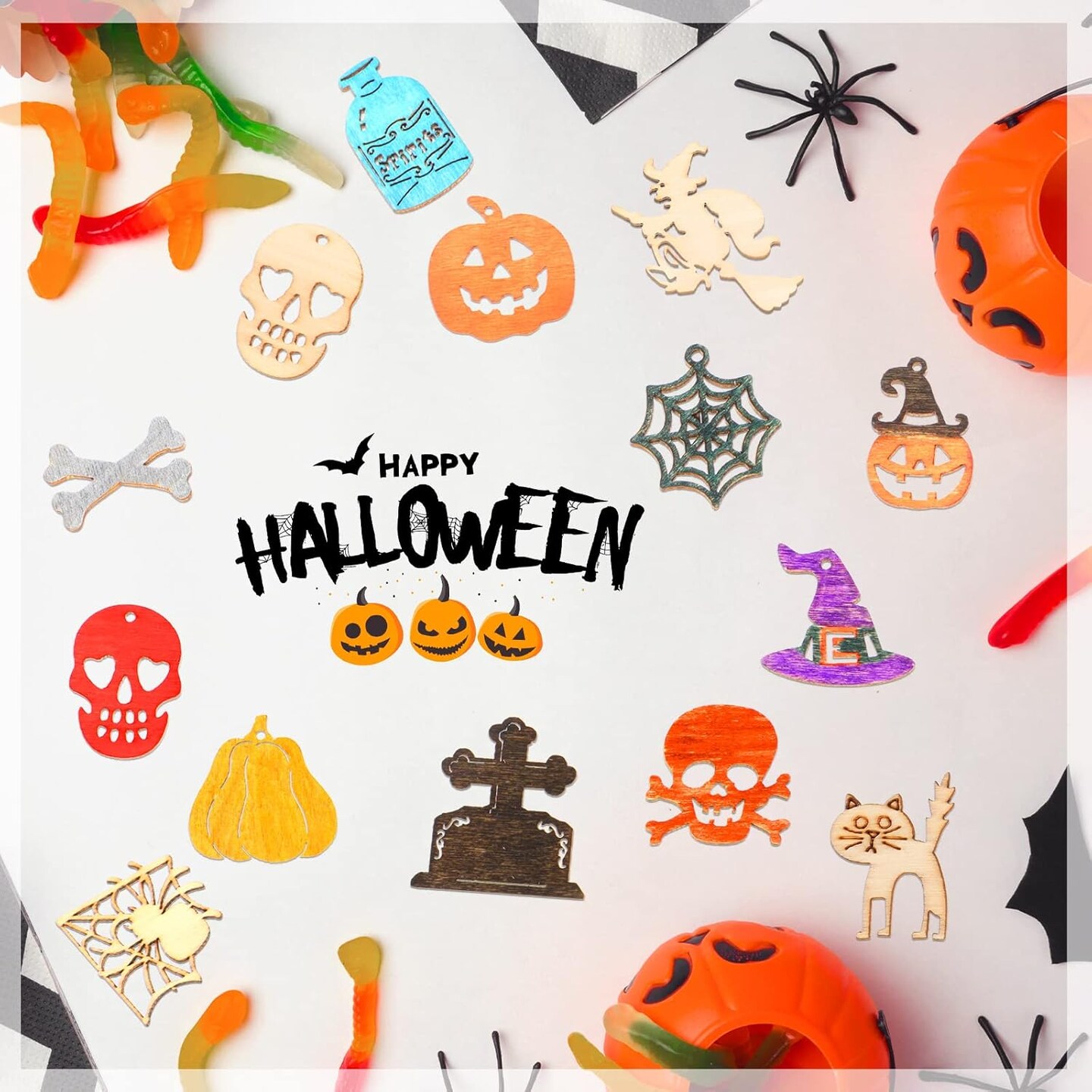 200 Pieces Halloween Unfinished Mini Wooden Ornaments Christmas