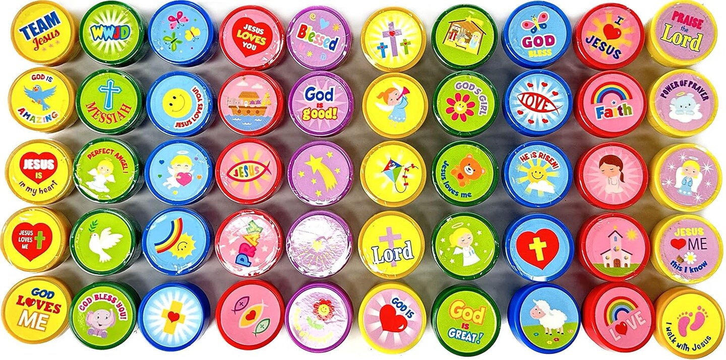 Tiny Mills 50 Pcs Religious Assorted Stampers for Kids Religious Prizes Carnival Prizes Vacation Bible School Sunday School Prizes