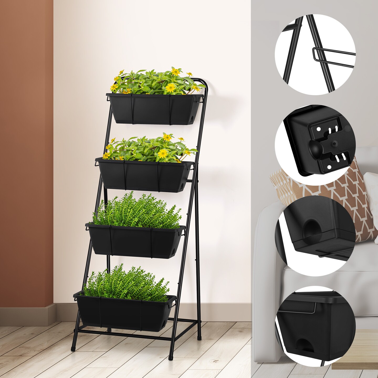 4 Tier Vertical Raised Garden Bed Planters for Outdoor Plants Herb Garden Planter with Drainage Holes Standing Garden Planters for Herbs Flowers Vegetables Plants