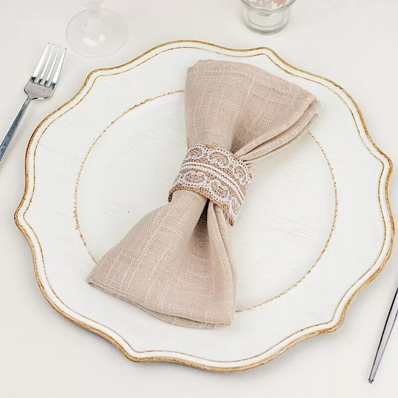 6 Natural White Rustic Jute Lace Fabric Napkin Rings Party Events Decorations