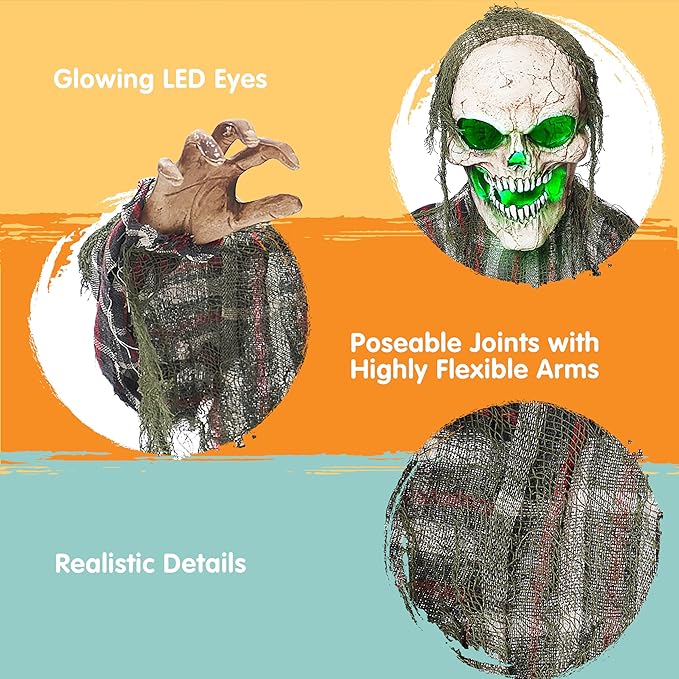 Animated Zombie Groundbreaker Graveyard Decor Outside, 25’’ Groundbreaker Skeleton Prop with Moving Arms & Green Light, Lawn Yard Haunted House Decor