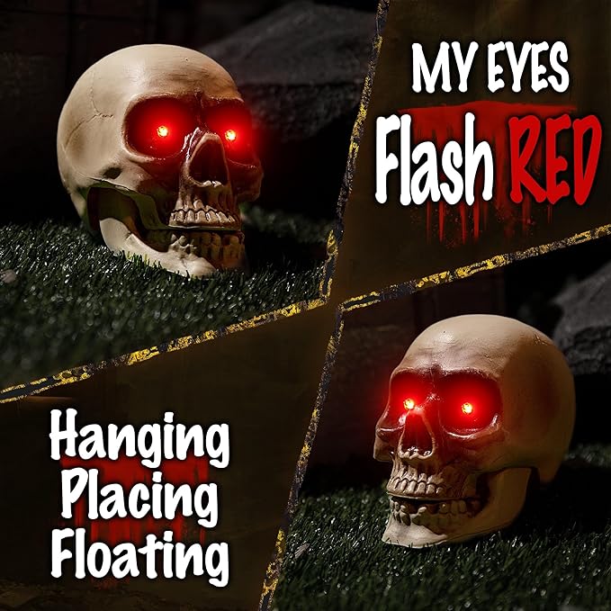 Heads Decorations - Animated Floating Skeleton with Sound Activated, Creepy Voice, Spooky Skull, Light Up Eyes, Scary Move Haunted Horror Prop for Indoor, Outdoor