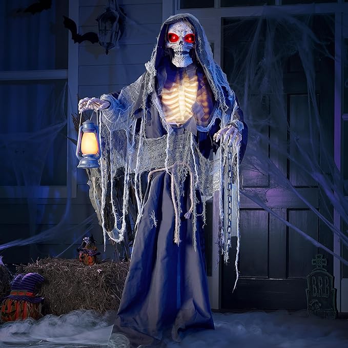 Grim Reaper Animated Decoration with Spooky and Light-Up Eyes/Creepy Sound/Moving Arms &#x26; Head (Sound Activated) for Halloween Decorations Outdoor Indoor