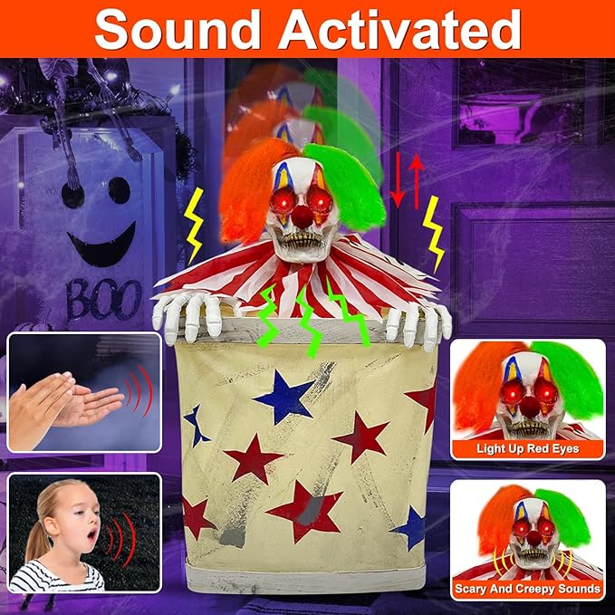 nimated Clown in The Box Sound Activated with Creepy Sound, Bouncing Head, LED Eyes, Wearing The Stars and Stripes for Halloween Prop Indoor Outdoor Decorations