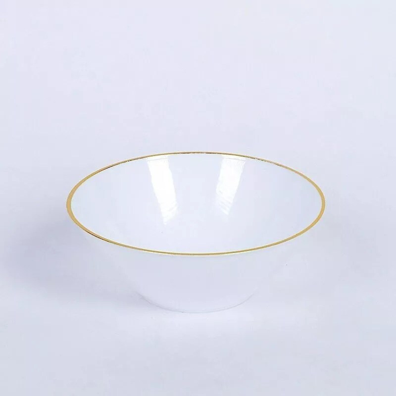 24 White 7 oz Plastic Dessert Ice Cream Bowls Gold Rim Party Events Decorations