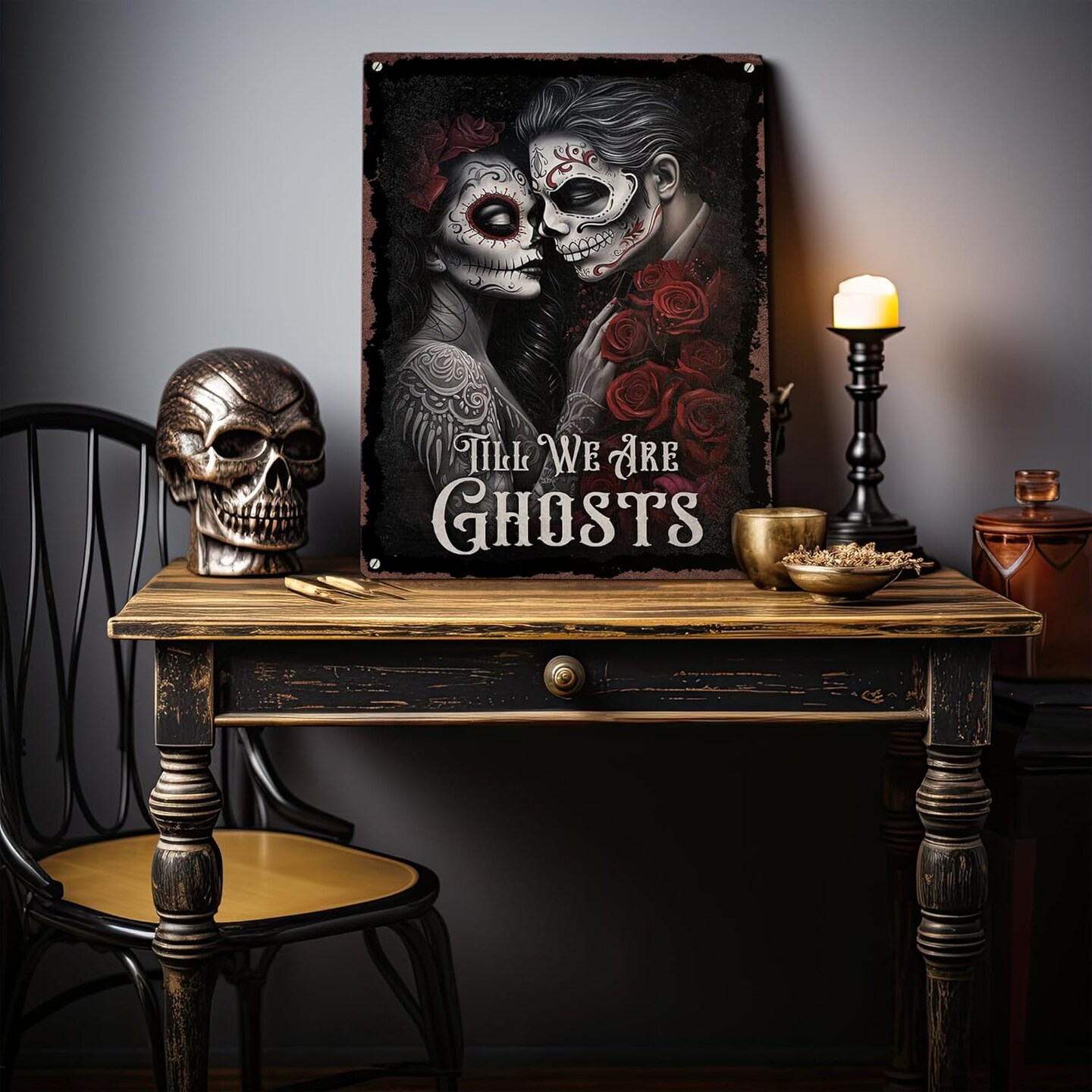 Couple Printed Metal Sign, 11.8x15.7 Inches, Gothic Skull Couple Valentines Decor, Romance Sugar Skull Lady Couple Wall Art; Gothic Bedroom Decor