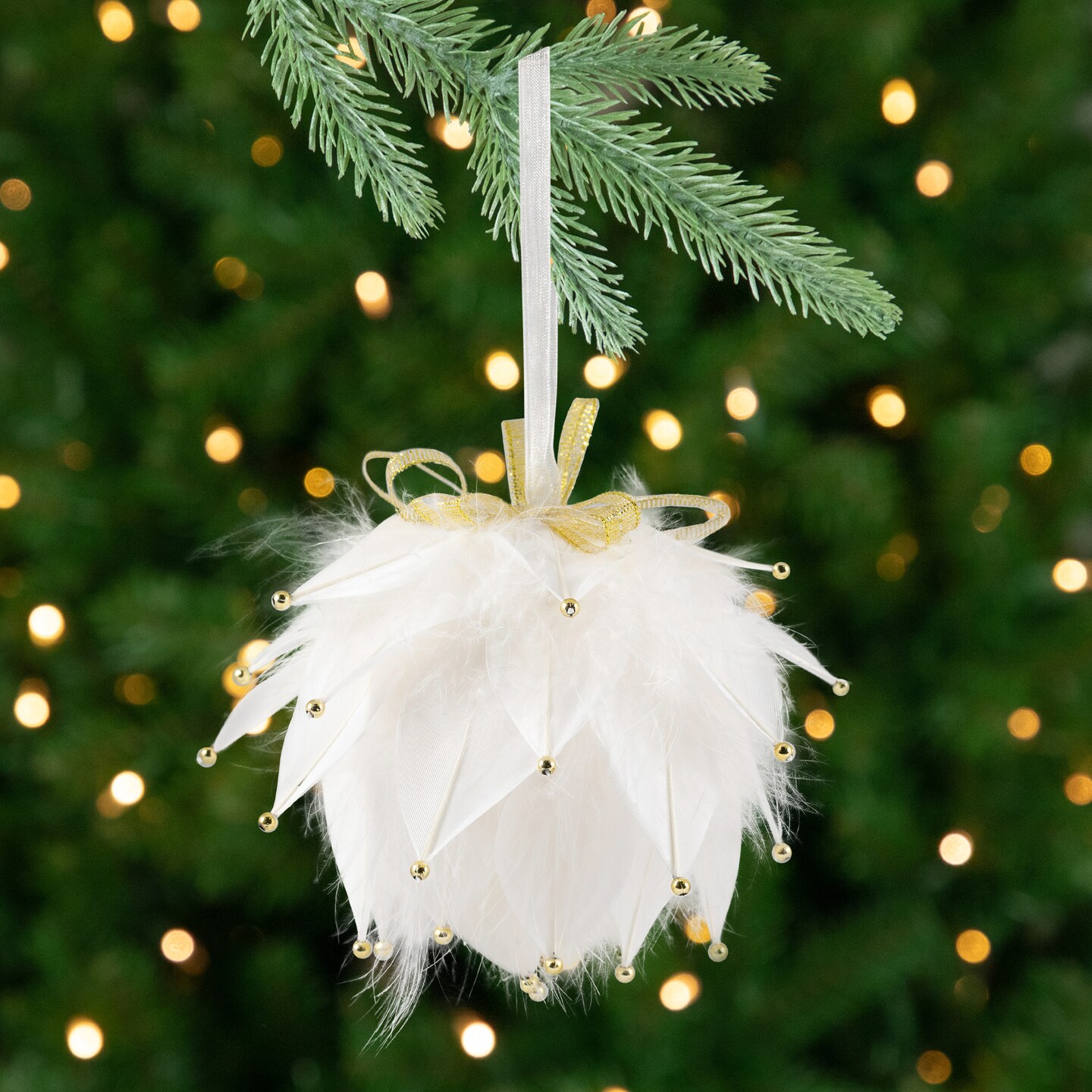 Northlight Beaded Feathers Christmas Ball Ornament - 5" - White
