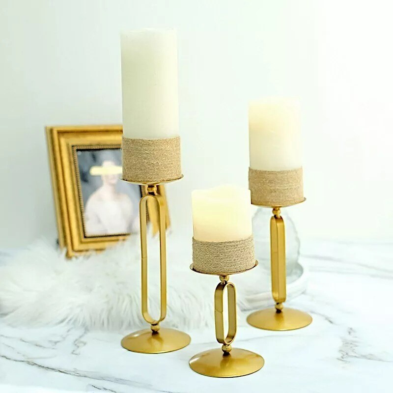 3 Gold Geometric Oval Metal Pillar Candle Holders Wedding Party Events Supplies