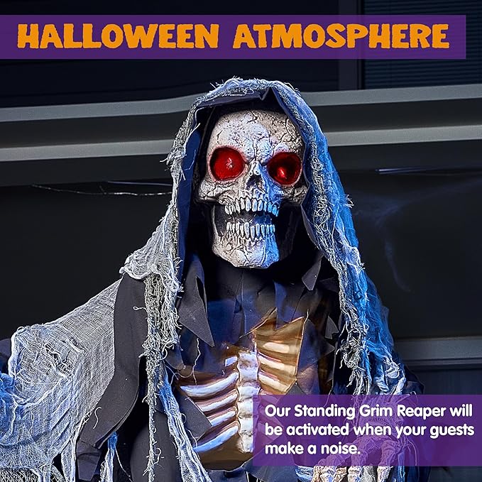 Grim Reaper Animated Decoration with Spooky and Light-Up Eyes/Creepy Sound/Moving Arms &#x26; Head (Sound Activated) for Halloween Decorations Outdoor Indoor