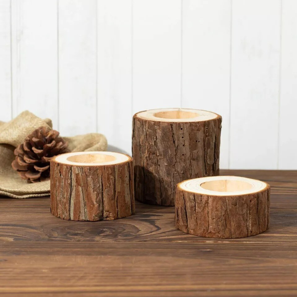 3 Round Assorted Wood Slice Tea Light Candle Holders Party Events Decorations