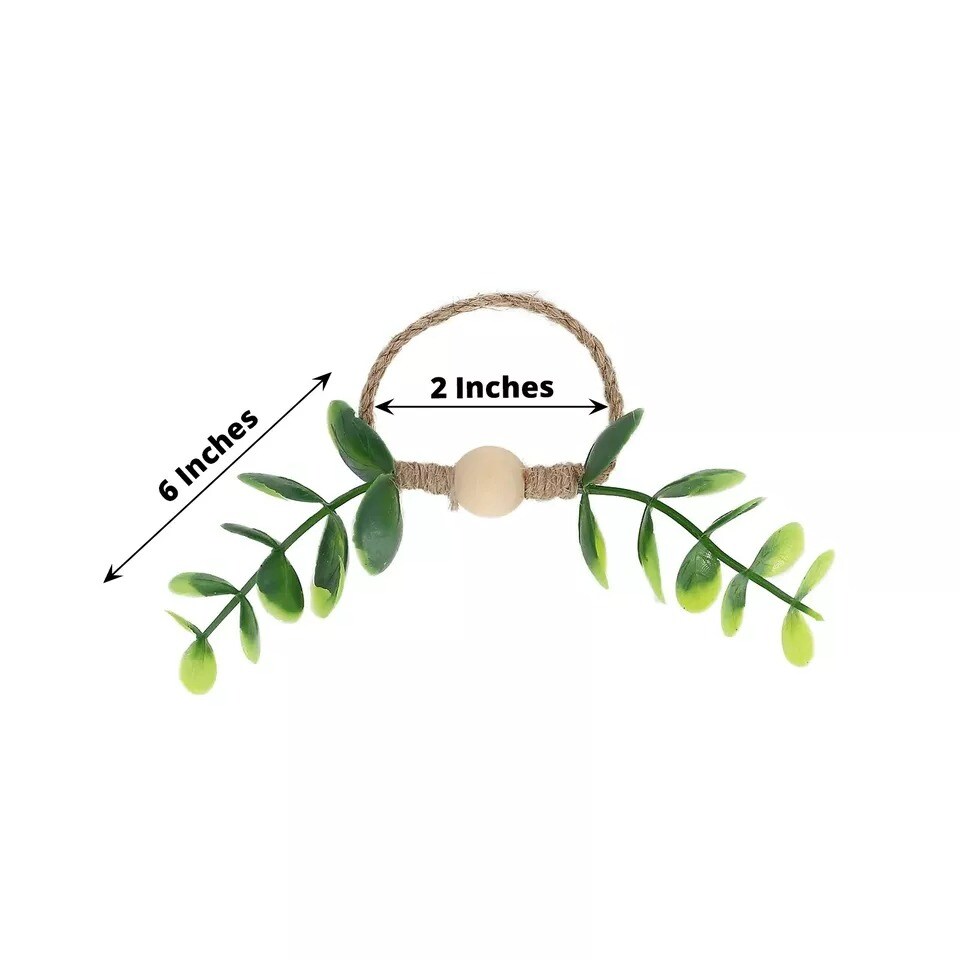 8 Natural Green Jute Napkin Rings Wood Bead Artificial Leaves Party Decorations