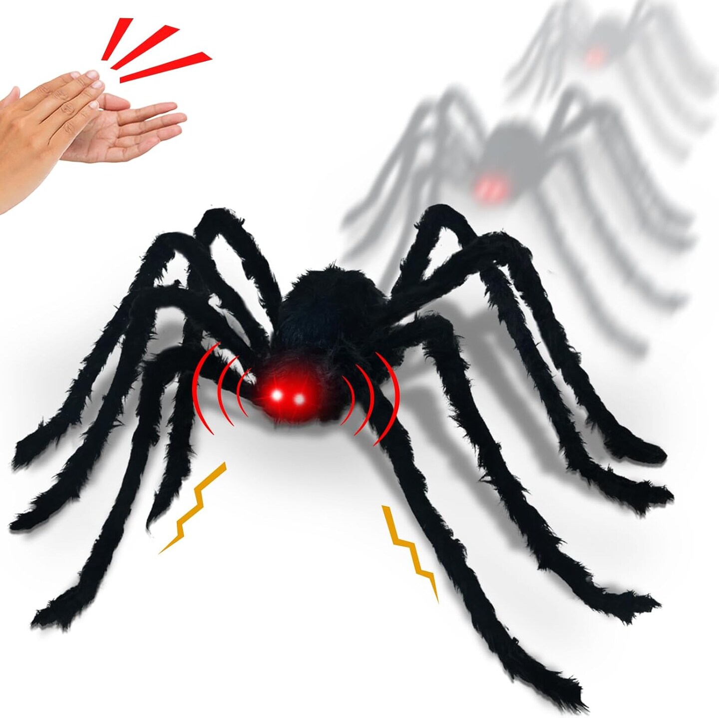 5.3 Ft Gaint Halloween Spider Decorations Black Hairy Crawling Spide with Red Lighted Eyes,Hissing Sound Sensor Halloween Animatronics Decorations Scary Spider for Party Haunted House Outdoor Indoor