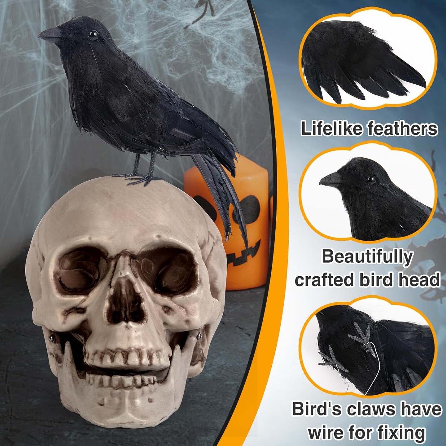 3 Pack Raven Decor - Halloween Decor Fake Crows Black Birds Ornaments, Realistic Looking Handmade Feathered for Halloween Props Indoor Outdoors Party Decoration