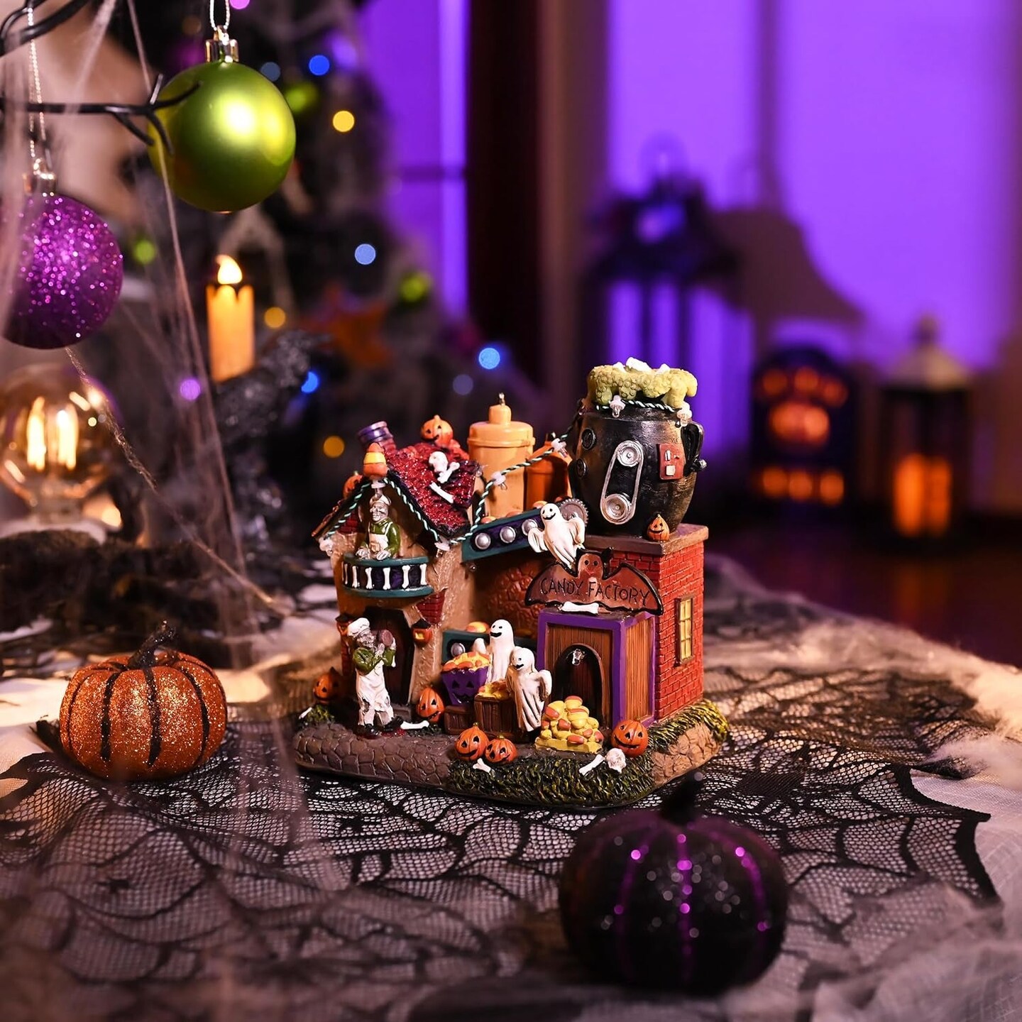 Halloween Village Decoration for Home, 7.7Inch Lighted Vintage Halloween House Statue with Music and Light, for Yard Garden Outdoor Indoor Home Halloween Party Decor