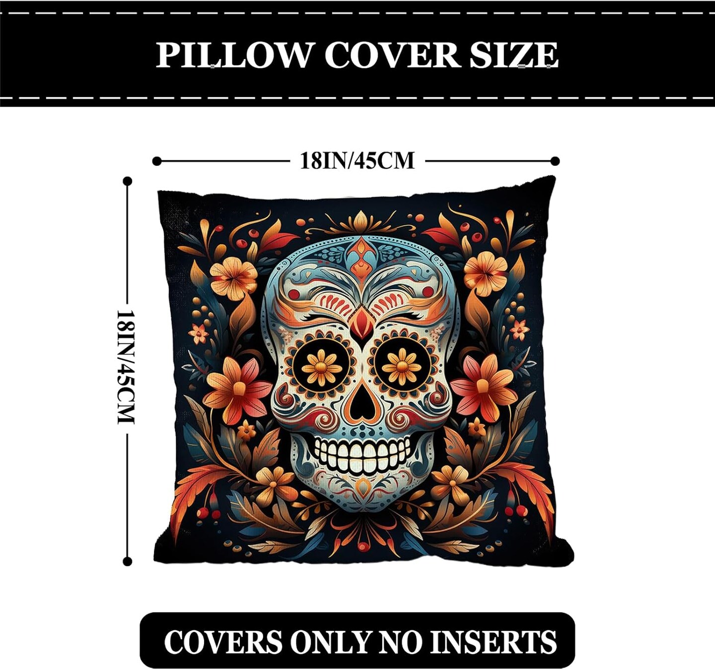 18x18 Set of 4 Sugar Skull Marigold Dia De Los Muertos Mexican Fiesta Party Decorations and Supplies for Home Sofa Couch