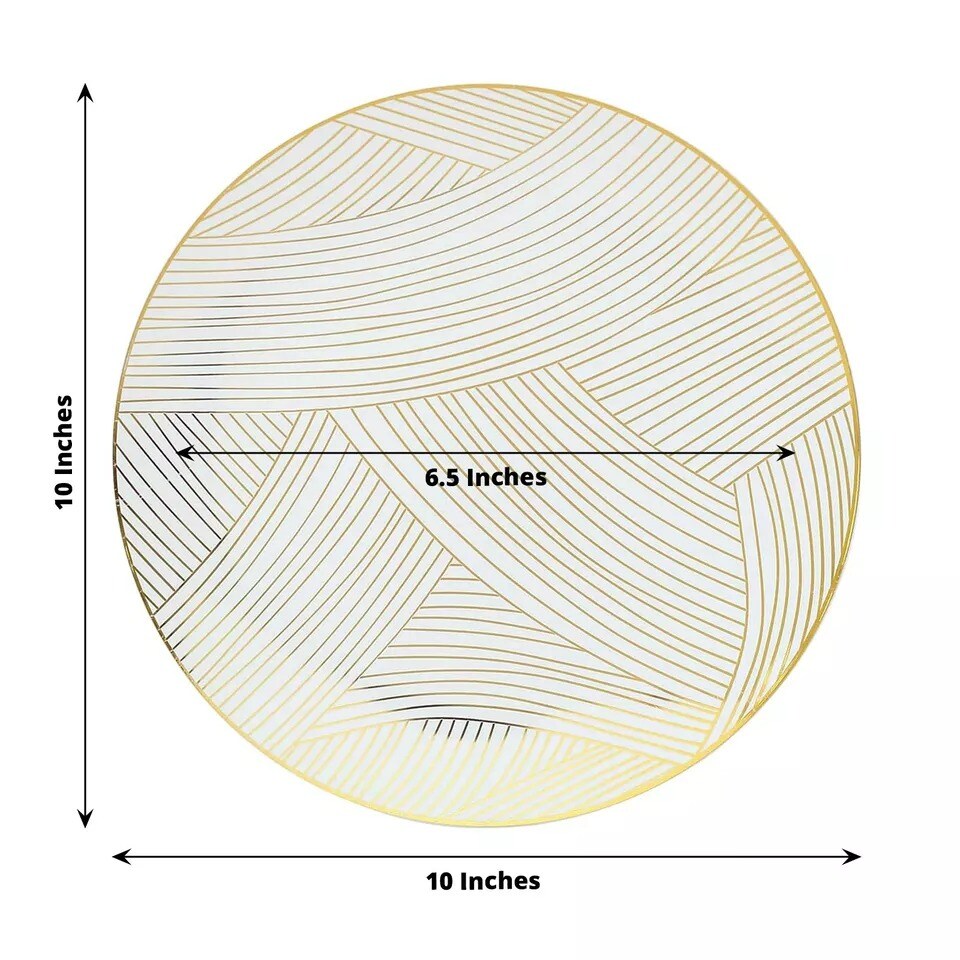 10 White 10" Round Plastic Salad and Dinner Plates Gold Strokes Party Decoration