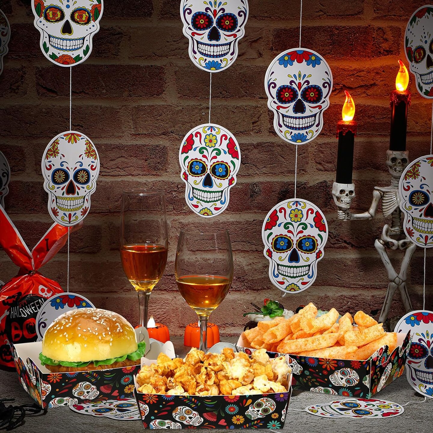 60 Pcs Day of the Dead Food Trays Dia De Los Muertos Party Supplies Fiesta Snack Trays Halloween Paper Food Trays Disposable Mexican Skull Candy Bowl for Halloween Day of the Dead Decoration