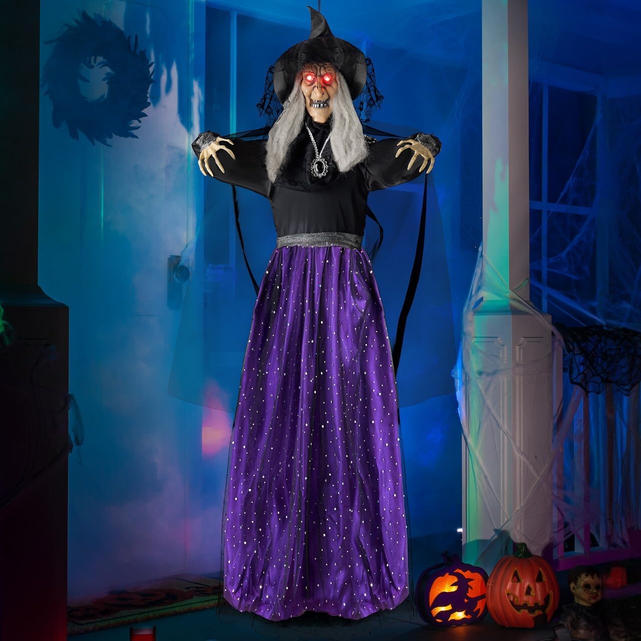 Animated Witch Halloween Decorations Outdoor Indoor Witch Decor Scary Halloween Animatronics, Hanging Talking Witch Sound Activated Led Lights Eyes Haunted House Yard Garden Lawn