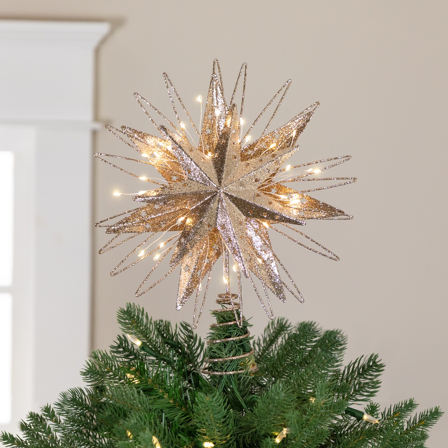 Northlight LED Lighted Starburst Glittered Christmas Tree Topper - 13" - Champagne Gold - White Lights