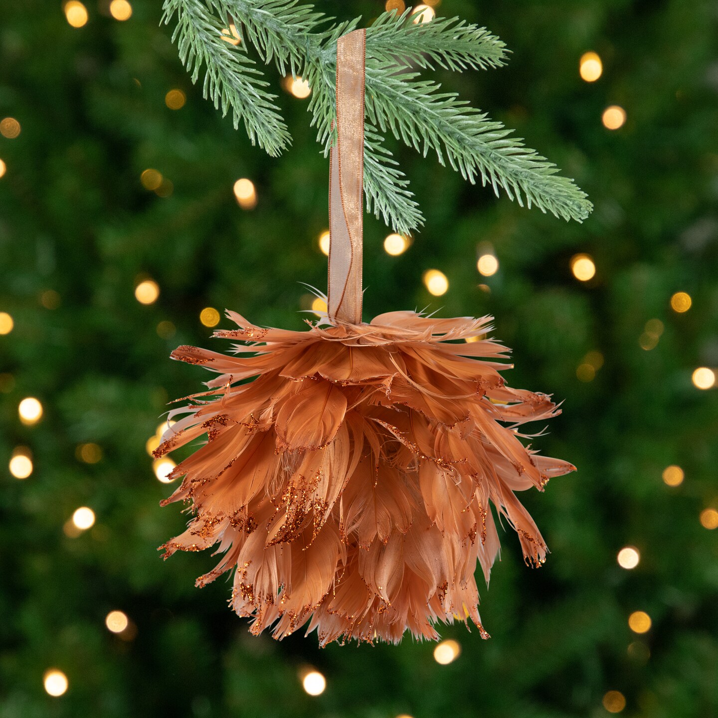 Northlight Glitter Edged Feathers Christmas Ball Ornament - 6&#x22; - Rust Orange